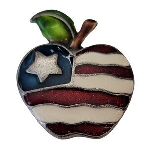 AJMC Silver Tone Red White Blue Enamel Patriotic Apple Brooch Pin, Signed E672